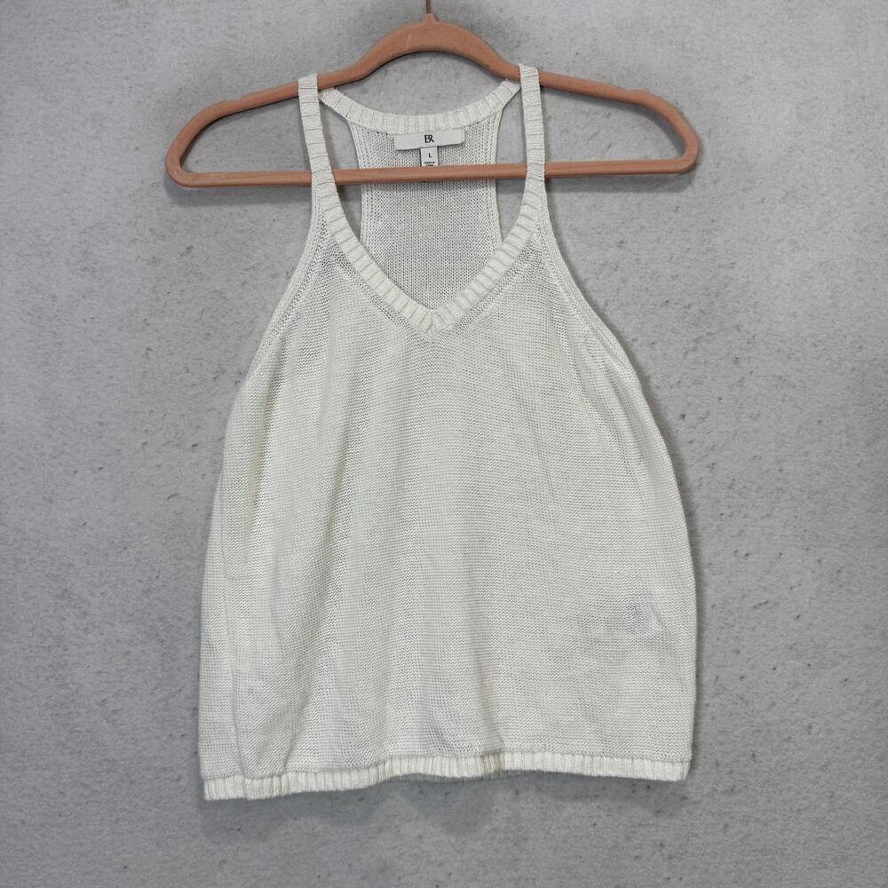 BR Tank Top Womens Large White 100% Linen Halter Knit Racerback Summer Casual